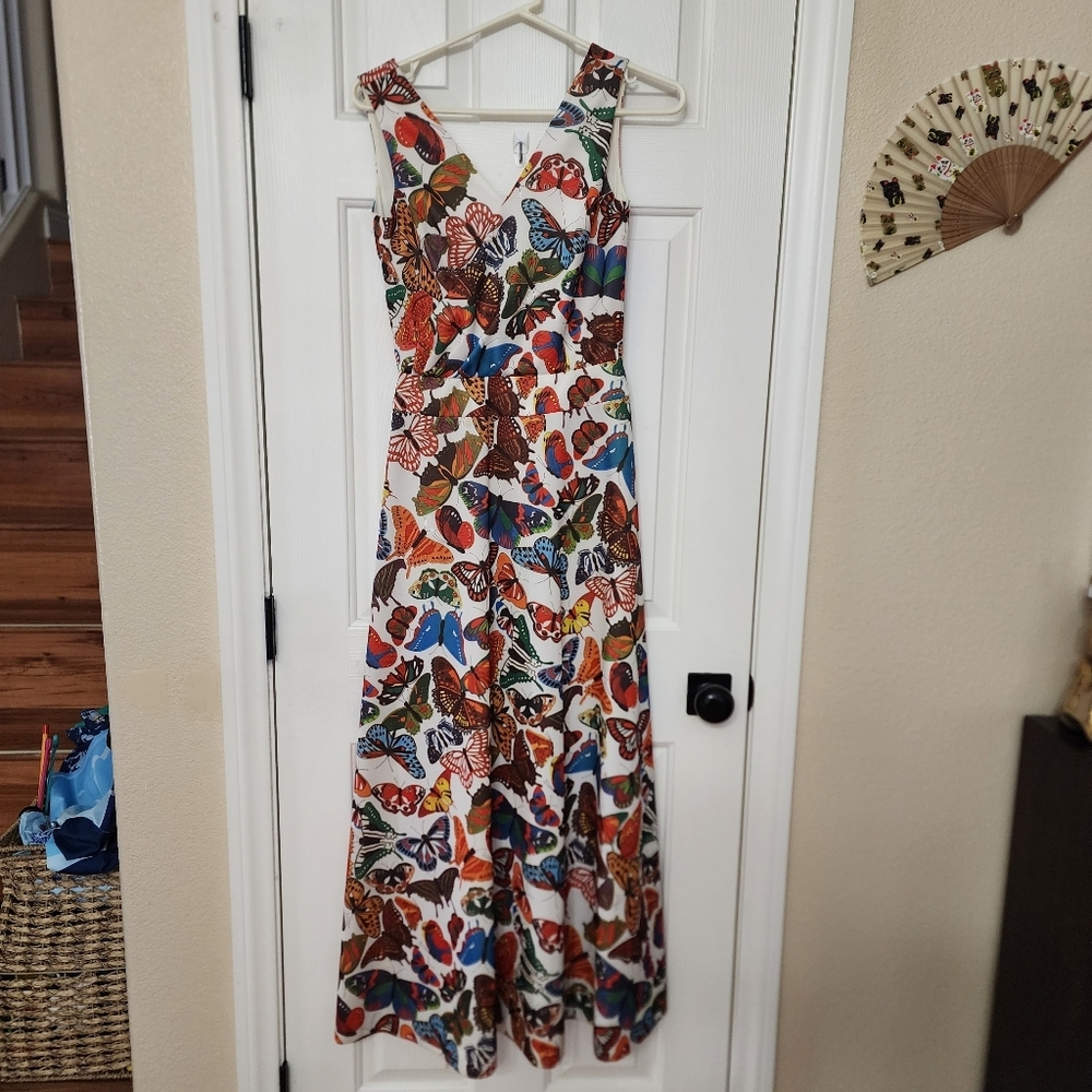 Ayers Unlimited Vintage Butterfly Print tank V-neck Maxi Dress Size Smal…